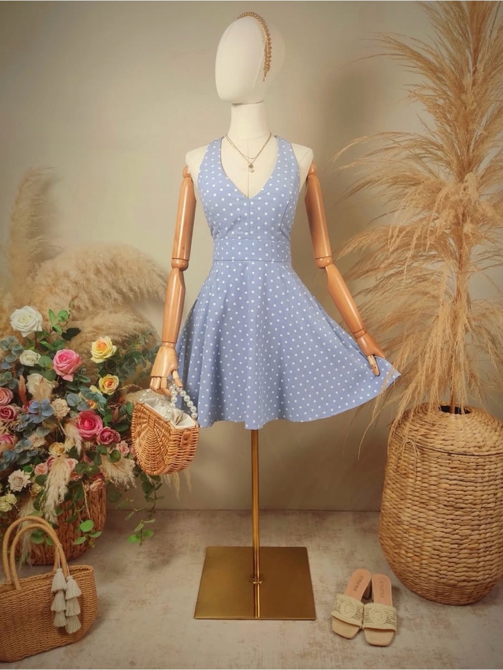 City Studio Blue Polka Dot Halter Dress w/ Pockets Size L